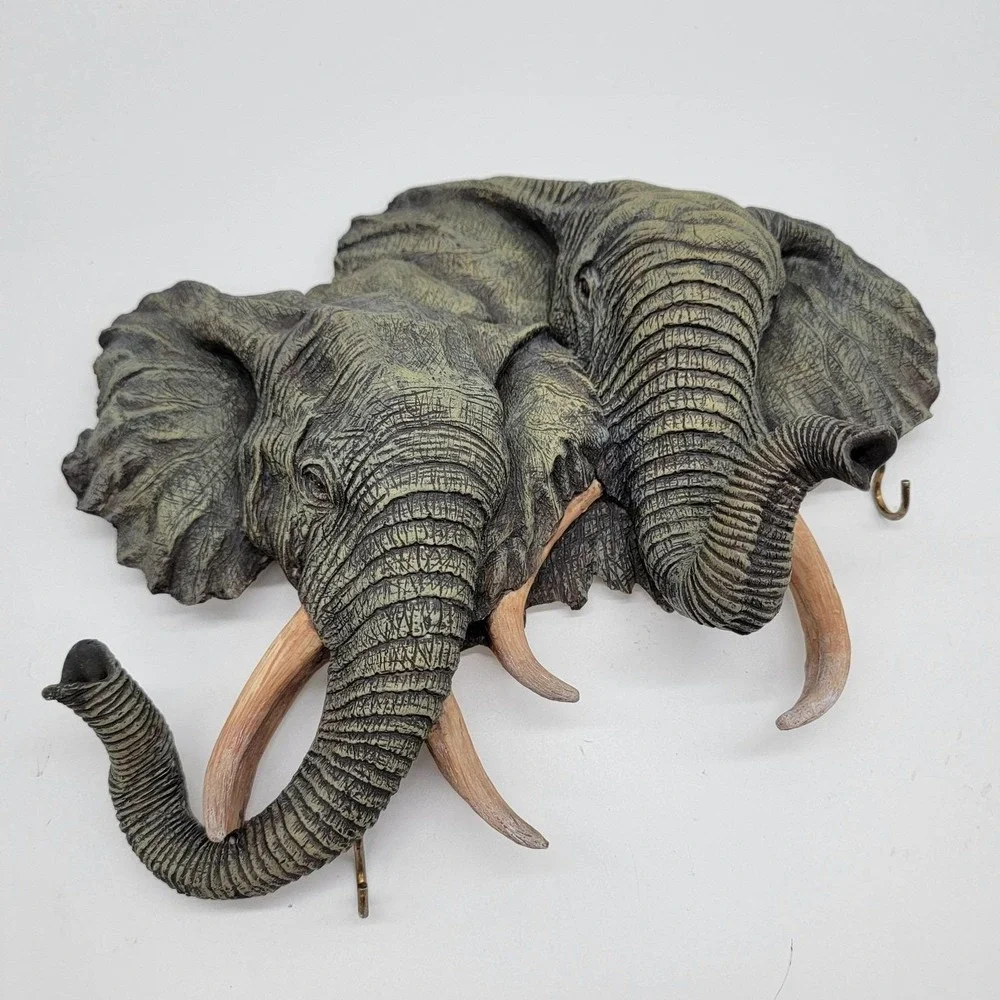 Elephant Head Wall Hanging Statue Key Hanger 3D Resin Life Like EUC